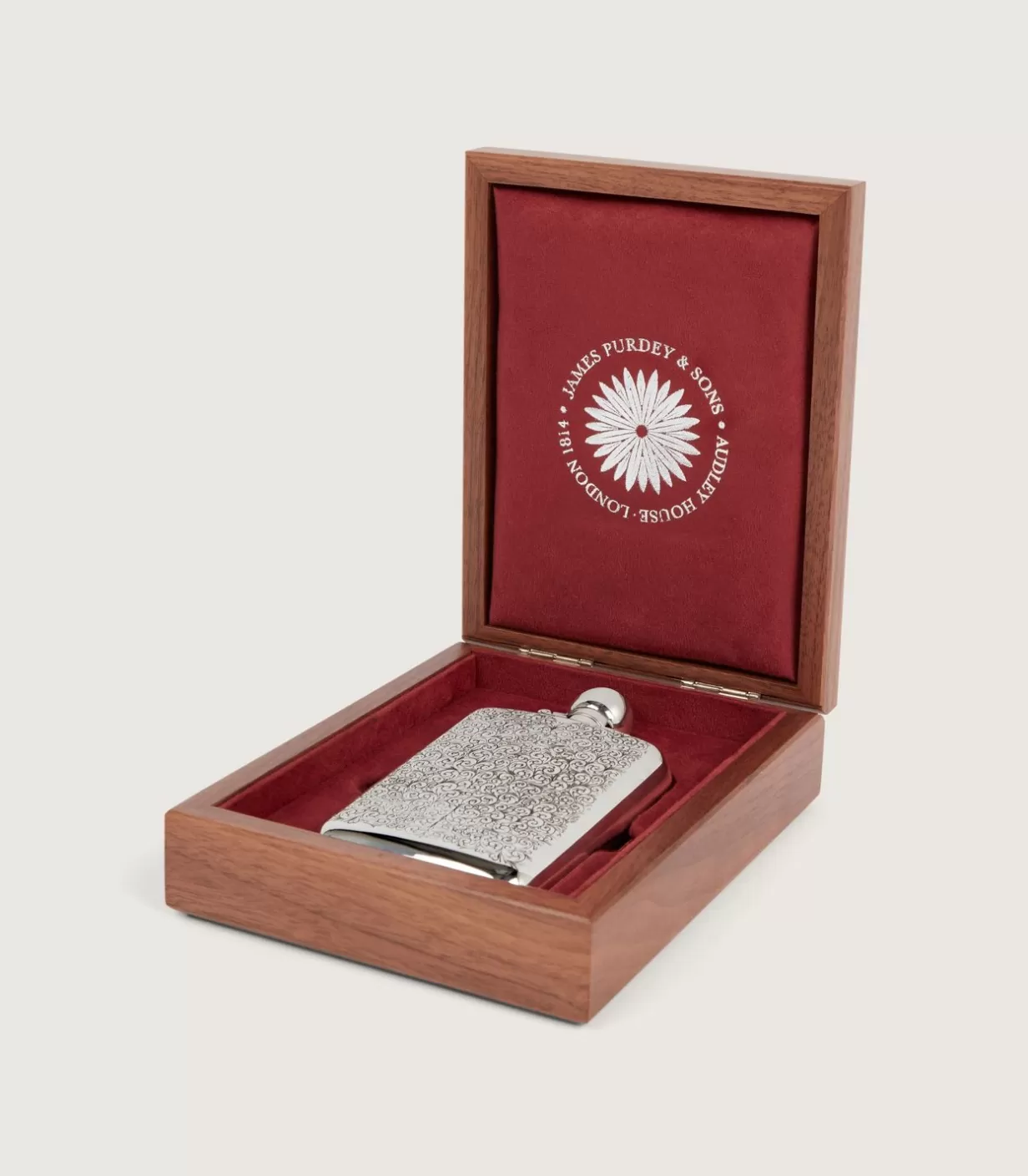 Flask & Drinks Accessories*Purdey 6Oz Sterling Silver Gun Scroll Engraved Flask With Walnut Case