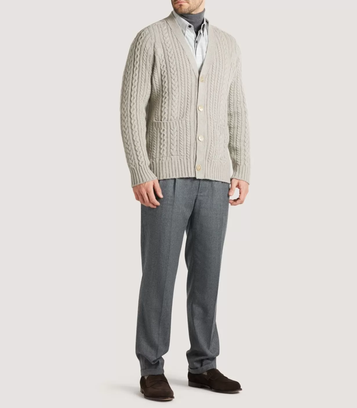 Knitwear*Purdey Men'S Cashmere Cable And Rib V Neck Cardigan In Drab