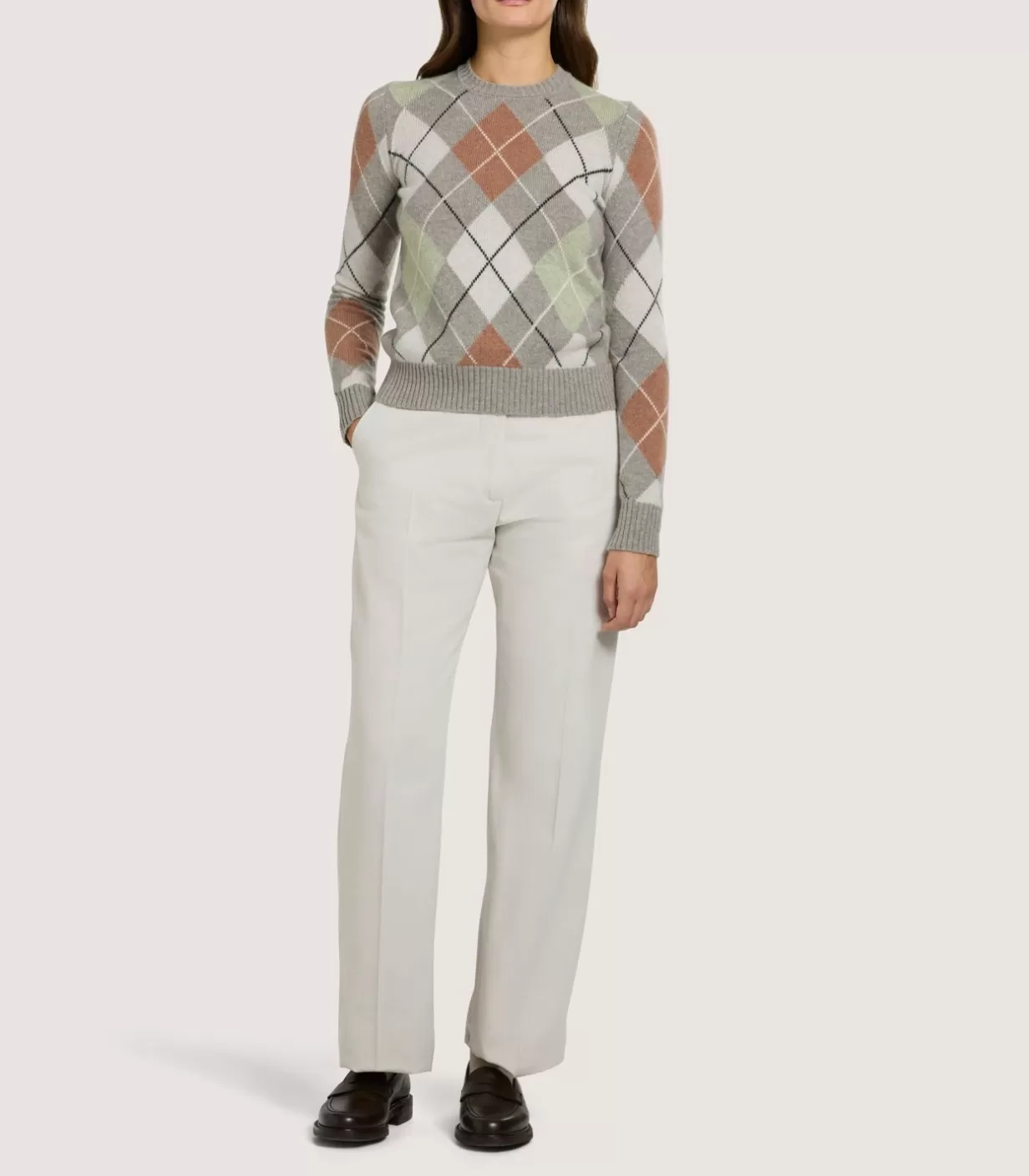 Knitwear*Purdey Women'S Cashmere Argyle Crew Neck Sweater In Flint